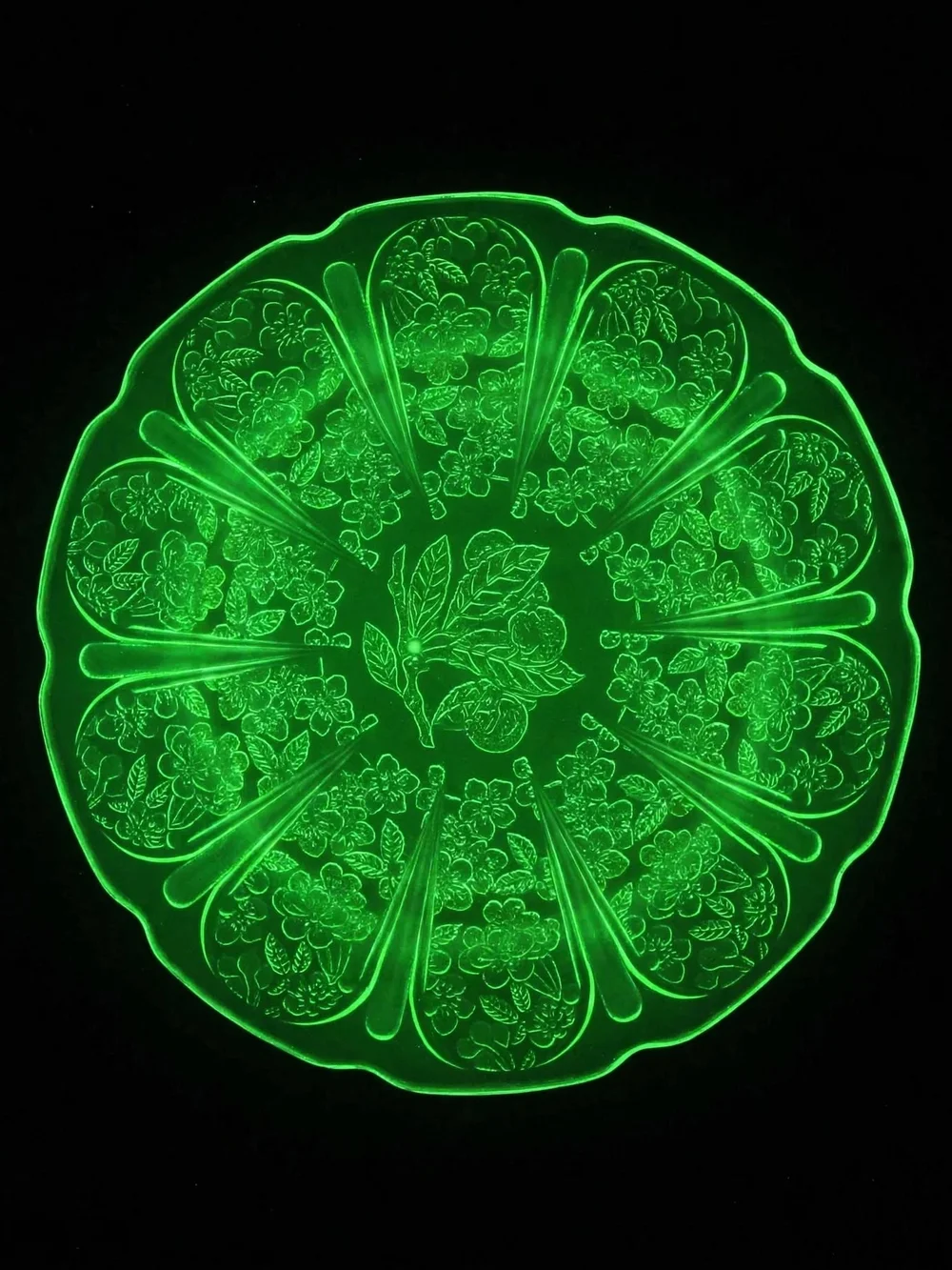 Vintage Anchor Hocking Cherry Blossom Uranium Glass 6pc Set 3 Bowl,3 Saucers Set